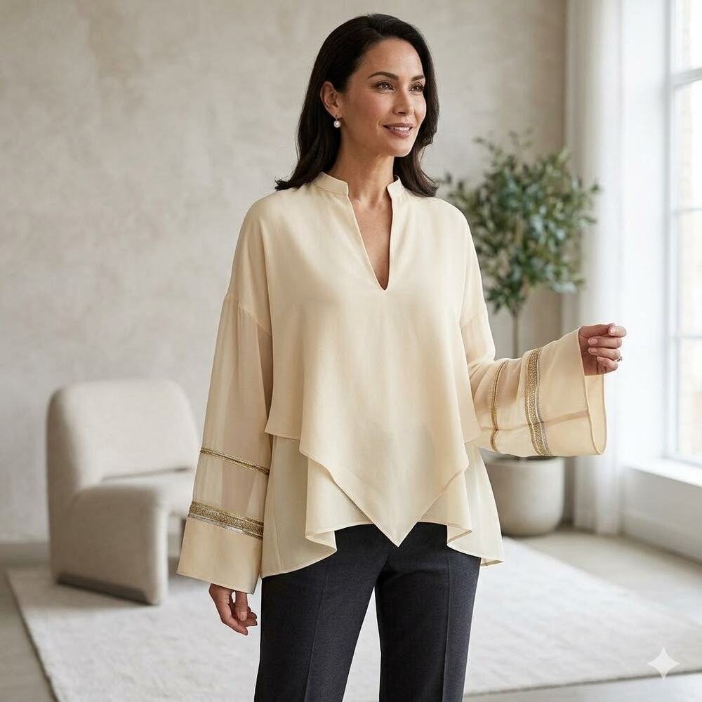 Derek Lam V-Neck Layered 100% Silk Long Sleeve Blouse Top Cream Size 2